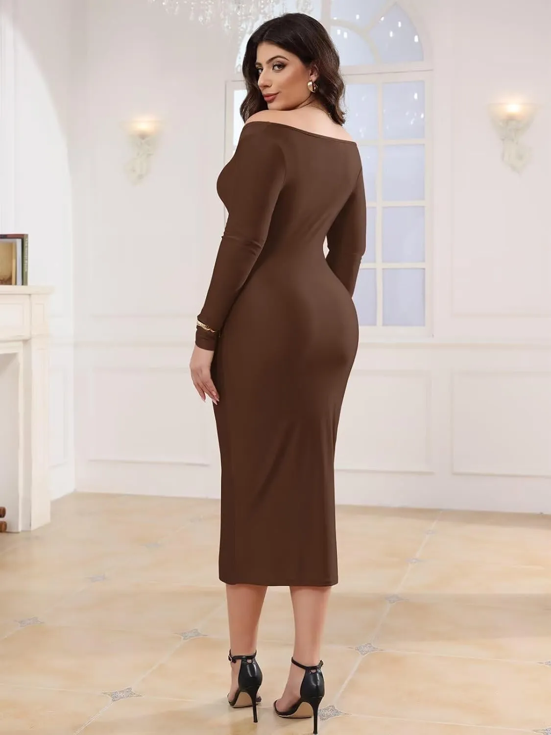 Sexy Off Shoulder Midi Dress for Women Elegant V Neck Bodycon Club Night Party Dresses