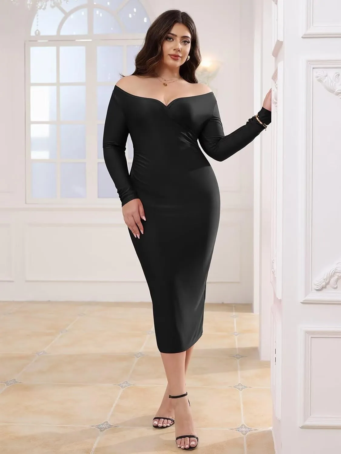 Sexy Off Shoulder Midi Dress for Women Elegant V Neck Bodycon Club Night Party Dresses