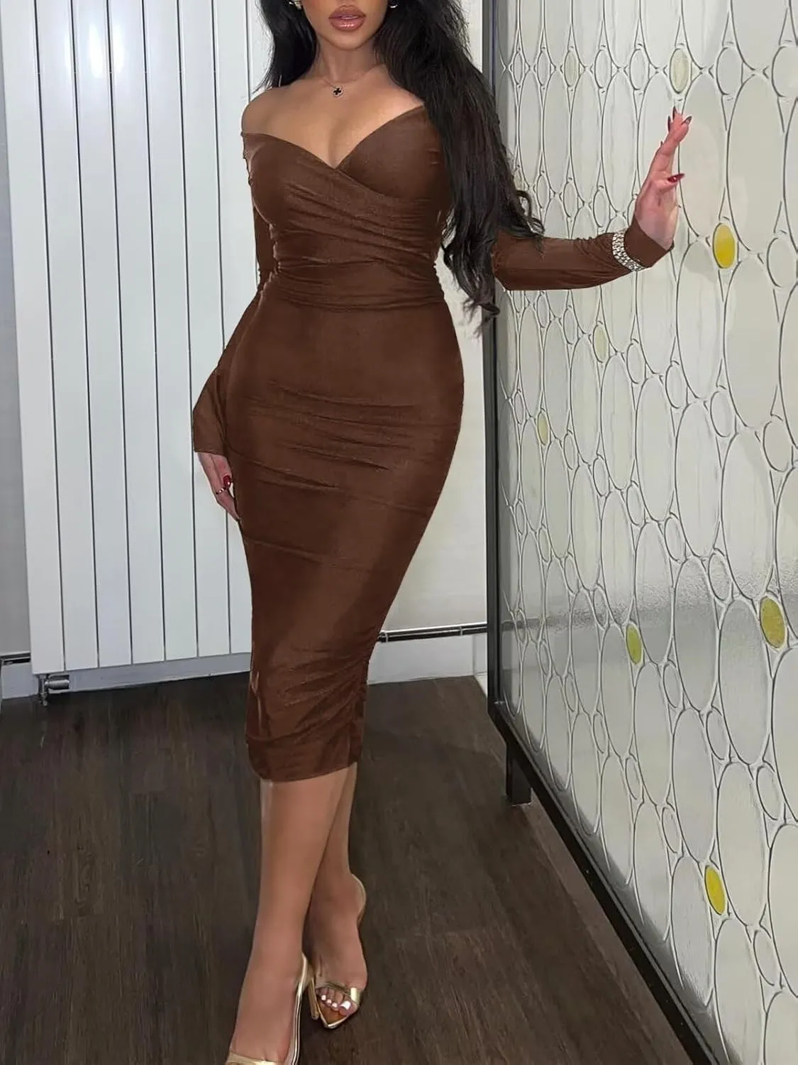 Sexy Off Shoulder Midi Dress for Women Elegant V Neck Bodycon Club Night Party Dresses