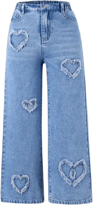 SHENHE Girl's Y2K Heart Applique Elastic High Waist Jeans Wide Leg Loose Denim Pants