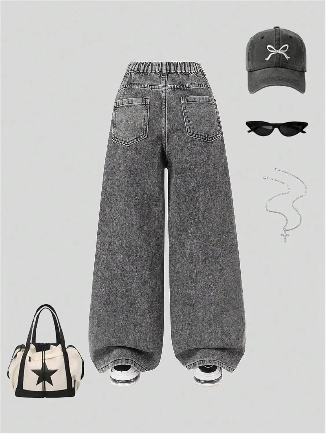 SHENHE Girl's Y2K Heart Applique Elastic High Waist Jeans Wide Leg Loose Denim Pants