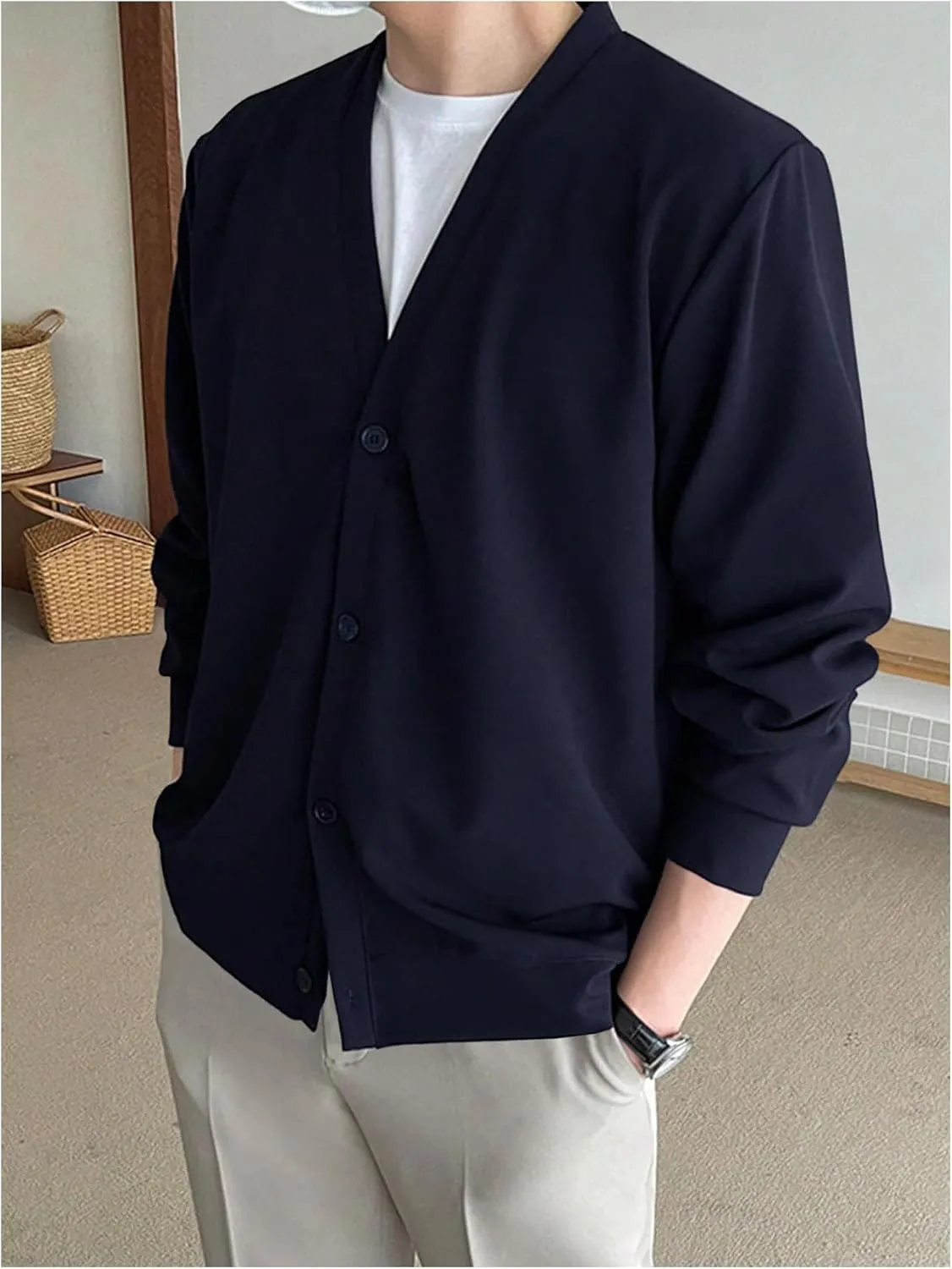 SHENHE Men's Button Down V Neck Cardigan Jacket Lightweight Street Casual Jacket Coat