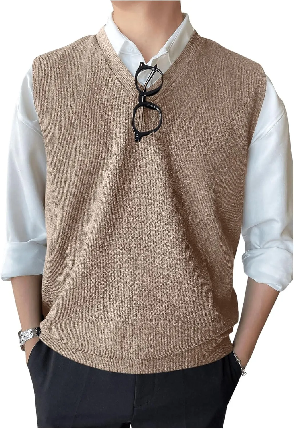 SHENHE Men's V Neck Knitted Sleeveless Sweater Loose Fit Pullover Causal Vest Streetwear