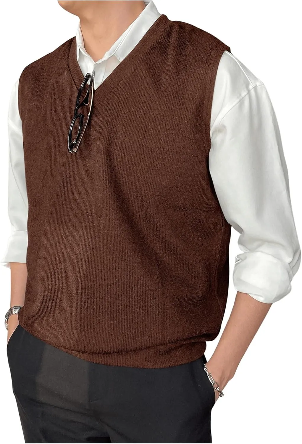 SHENHE Men's V Neck Knitted Sleeveless Sweater Loose Fit Pullover Causal Vest Streetwear