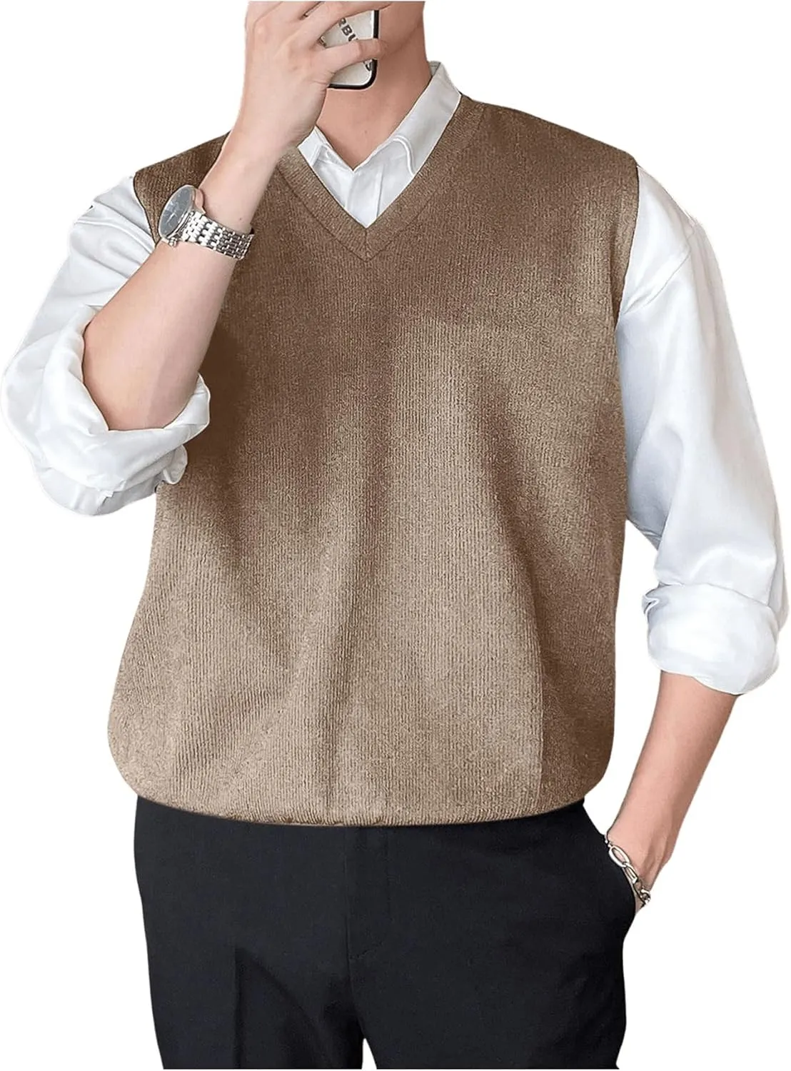 SHENHE Men's V Neck Knitted Sleeveless Sweater Loose Fit Pullover Causal Vest Streetwear