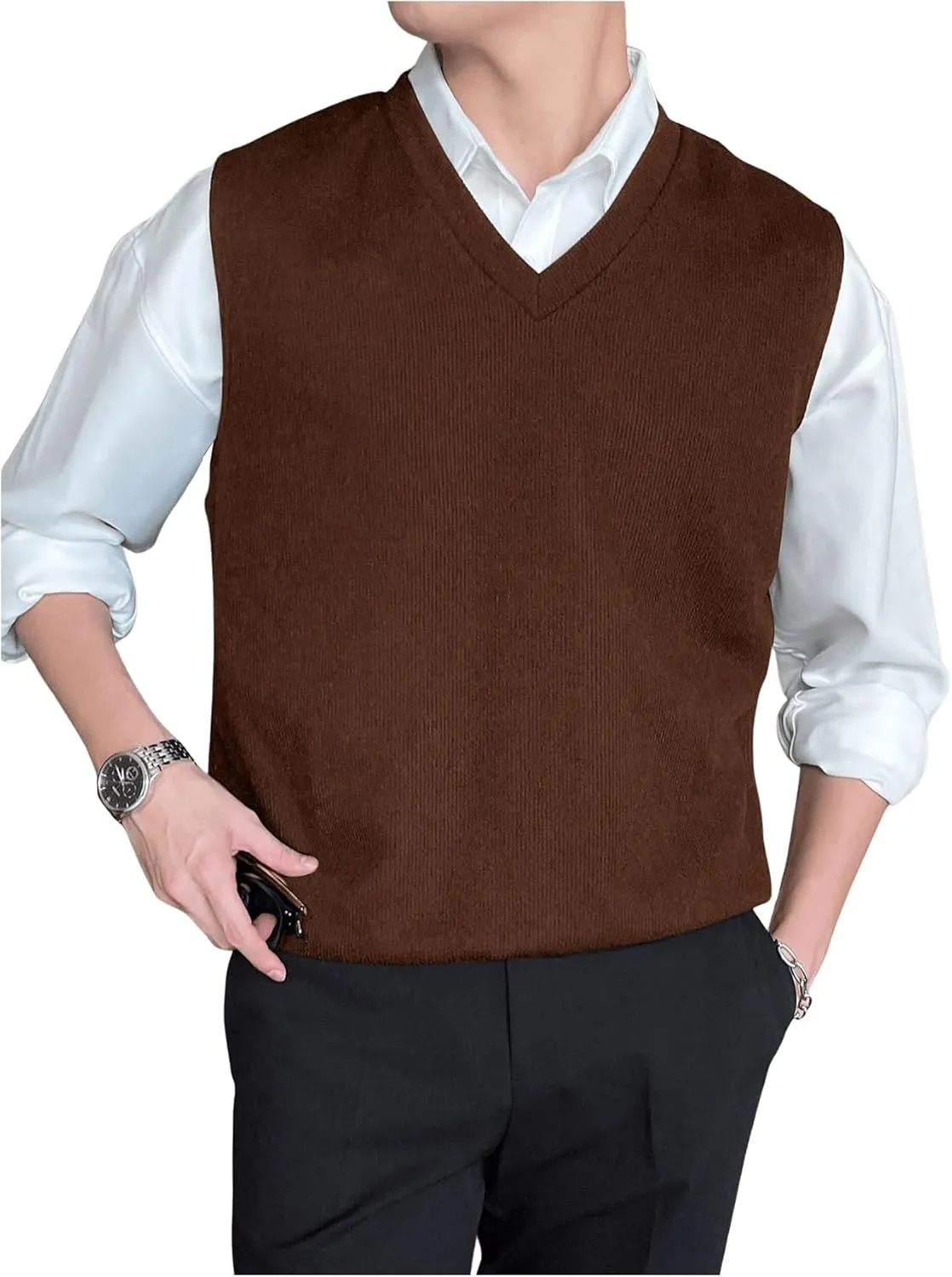 SHENHE Men's V Neck Knitted Sleeveless Sweater Loose Fit Pullover Causal Vest Streetwear