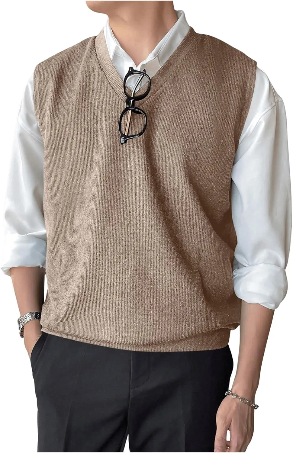 SHENHE Men's V Neck Knitted Sleeveless Sweater Loose Fit Pullover Causal Vest Streetwear