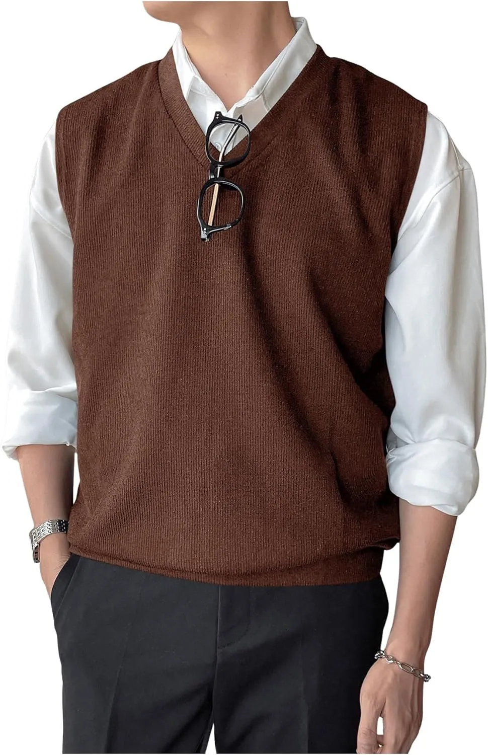 SHENHE Men's V Neck Knitted Sleeveless Sweater Loose Fit Pullover Causal Vest Streetwear