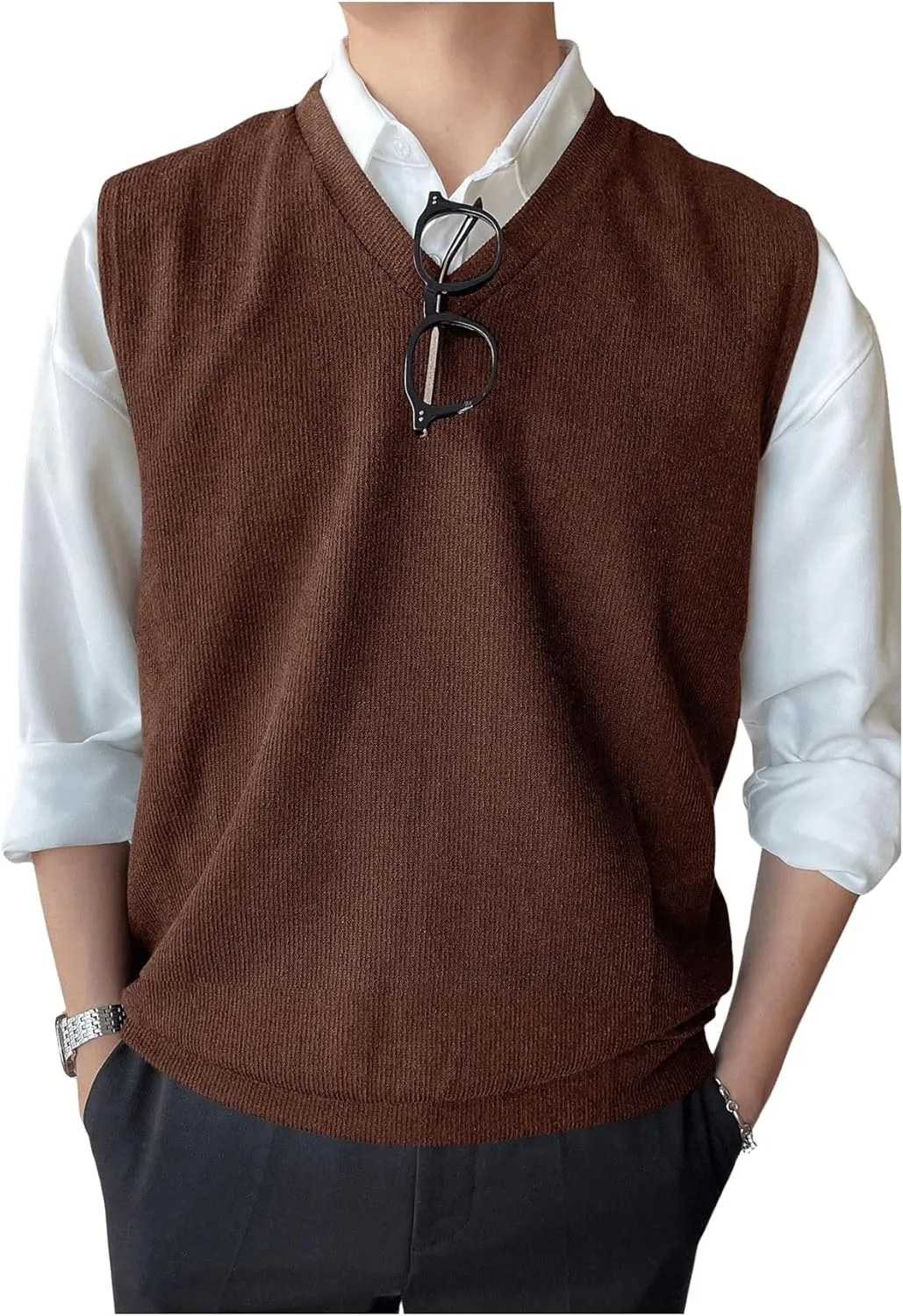 SHENHE Men's V Neck Knitted Sleeveless Sweater Loose Fit Pullover Causal Vest Streetwear