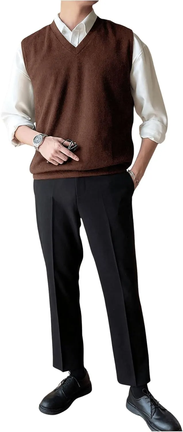 SHENHE Men's V Neck Knitted Sleeveless Sweater Loose Fit Pullover Causal Vest Streetwear