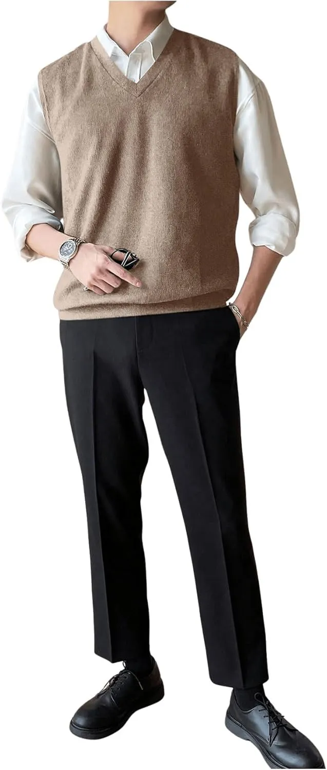 SHENHE Men's V Neck Knitted Sleeveless Sweater Loose Fit Pullover Causal Vest Streetwear