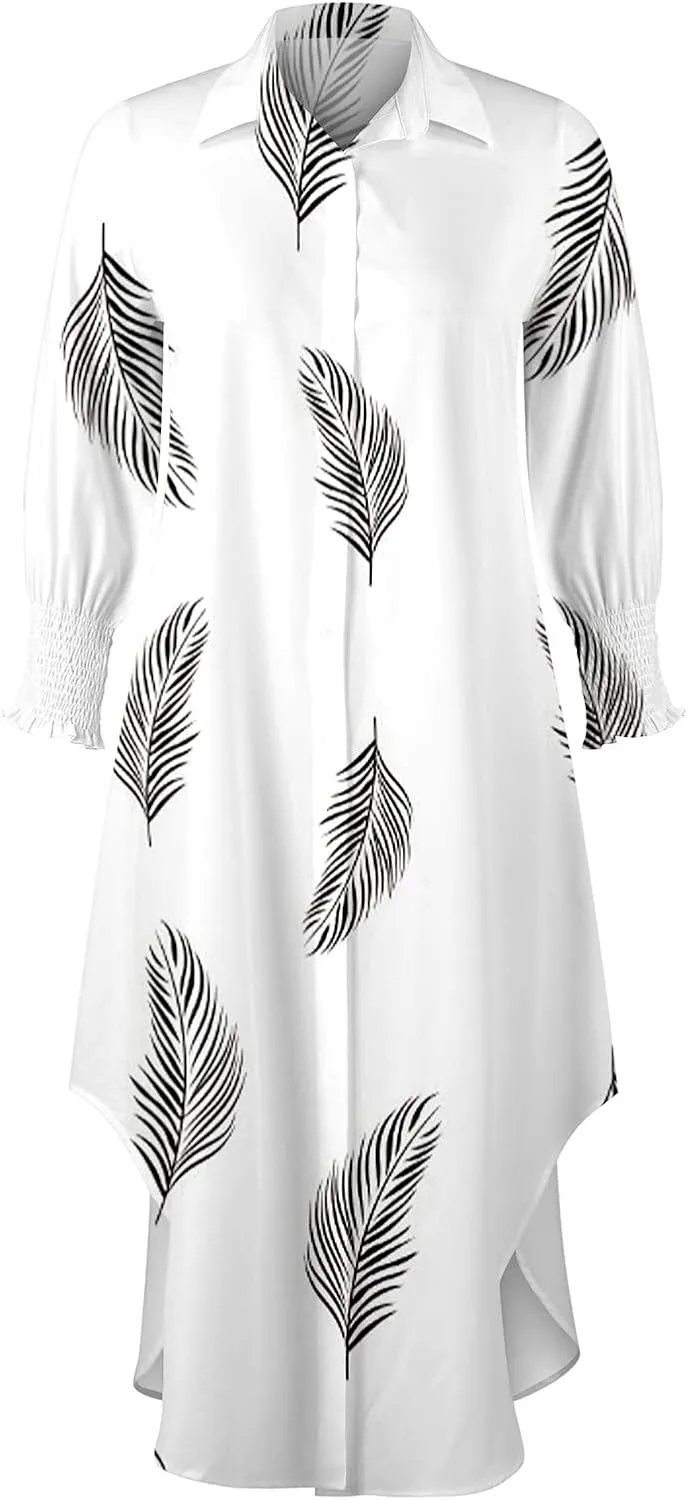 Shirt Dresses for Women,2024 Summer Casual Button V Neck Maxi Dress,Long Sleeve Print Irregular Slit Hem Beach Dress