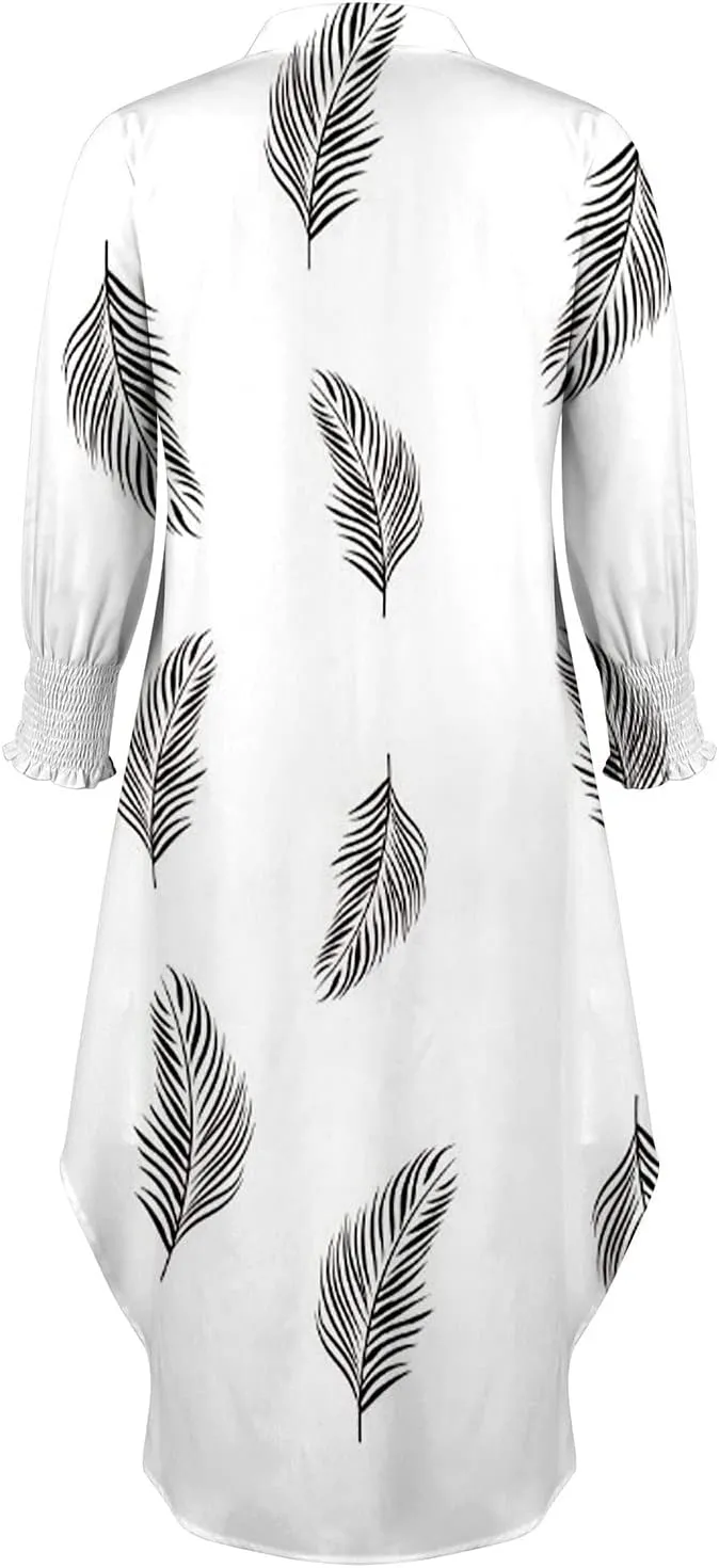 Shirt Dresses for Women,2024 Summer Casual Button V Neck Maxi Dress,Long Sleeve Print Irregular Slit Hem Beach Dress