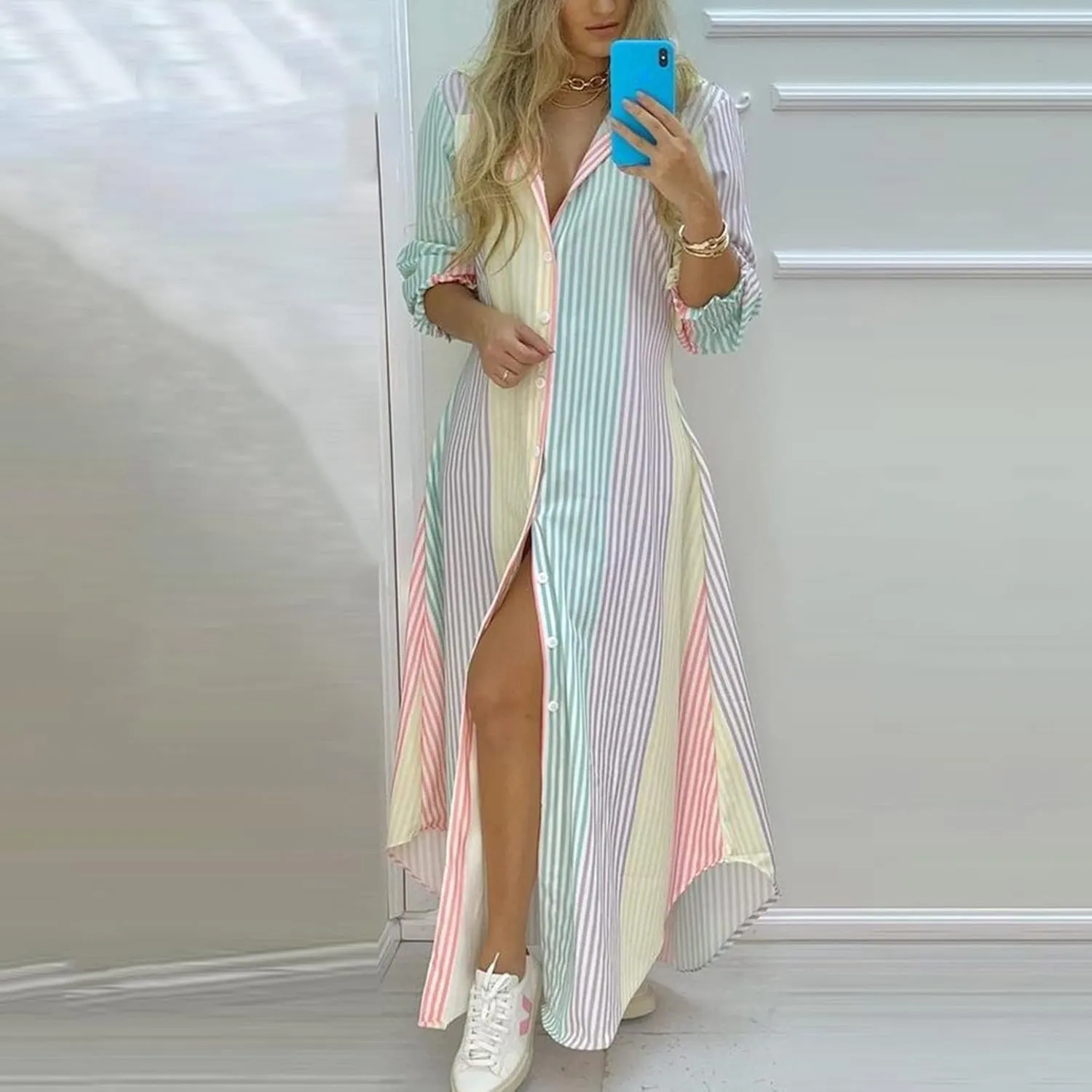 Shirt Dresses for Women,2024 Summer Casual Button V Neck Maxi Dress,Long Sleeve Print Irregular Slit Hem Beach Dress