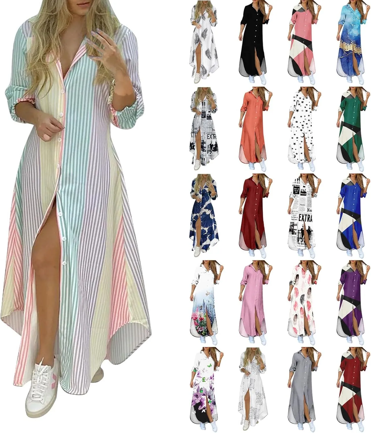 Shirt Dresses for Women,2024 Summer Casual Button V Neck Maxi Dress,Long Sleeve Print Irregular Slit Hem Beach Dress