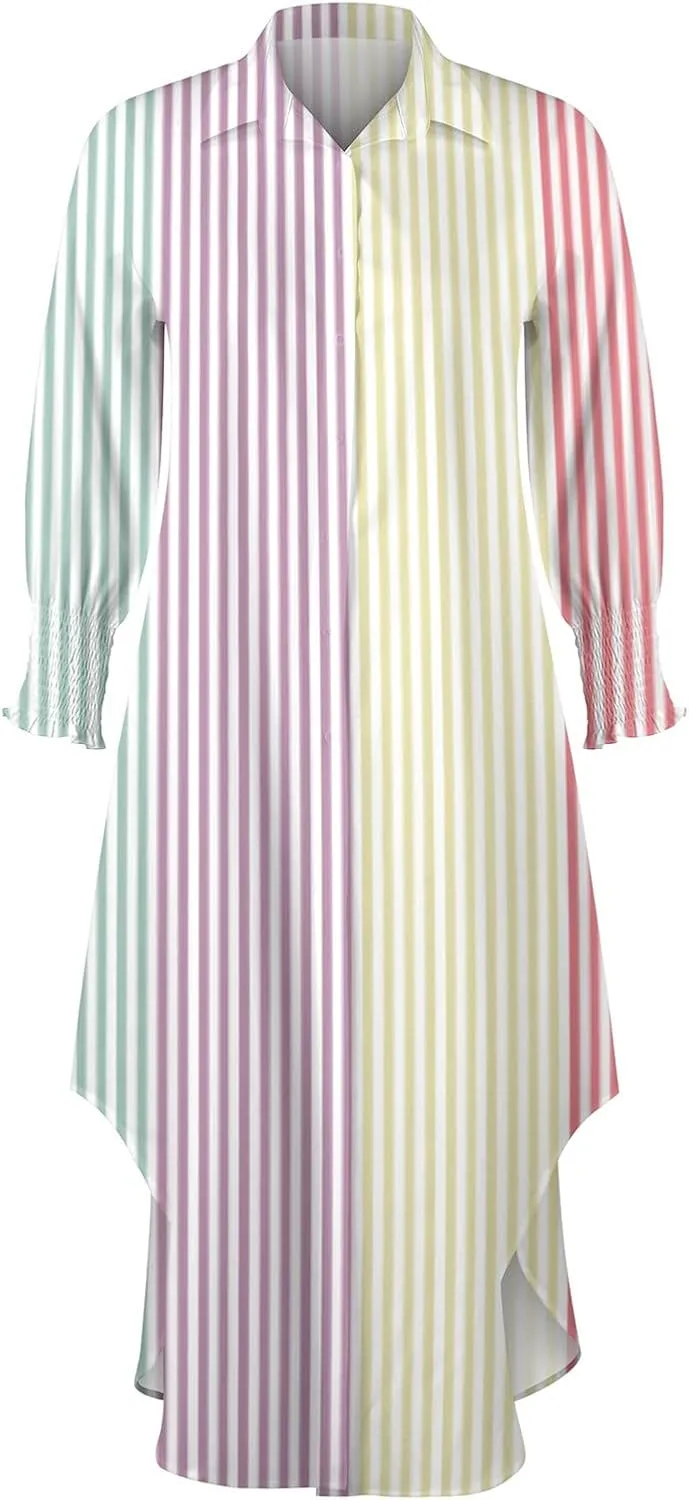 Shirt Dresses for Women,2024 Summer Casual Button V Neck Maxi Dress,Long Sleeve Print Irregular Slit Hem Beach Dress