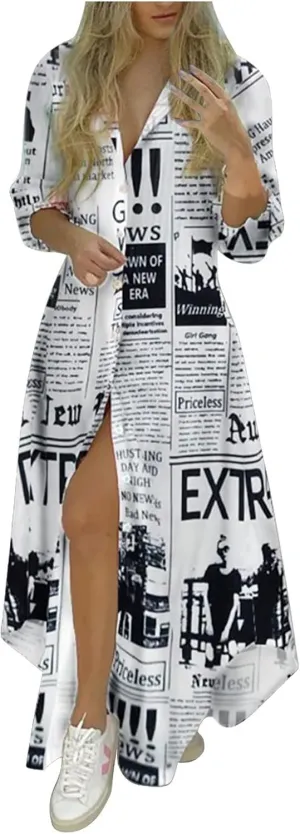 Shirt Dresses for Women,2024 Summer Casual Button V Neck Maxi Dress,Long Sleeve Print Irregular Slit Hem Beach Dress