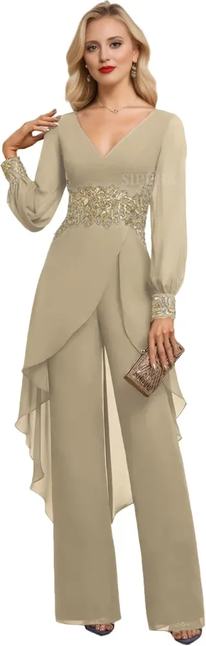 SIPUHK 2 PCs Pant Suits for Women Dressy Gold Applique Outfit Chiffon Long Sleeve Mother of The Bride Pantsuit for Wedding