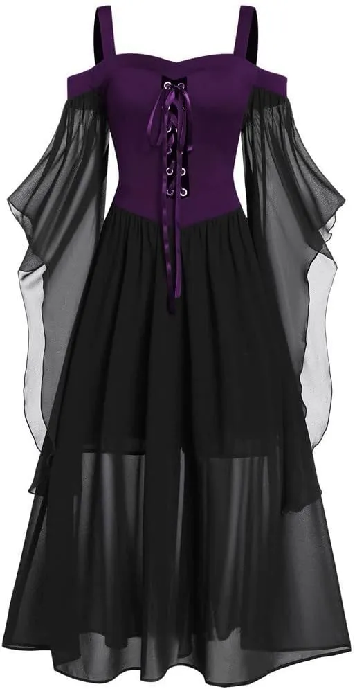 Skeleton Costume Women Tea Dress Halloween Party Dresses Long Sleeve Lace Splicing Swing Goku Black Cosplay Red