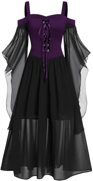 Skeleton Costume Women Tea Dress Halloween Party Dresses Long Sleeve Lace Splicing Swing Goku Black Cosplay Red