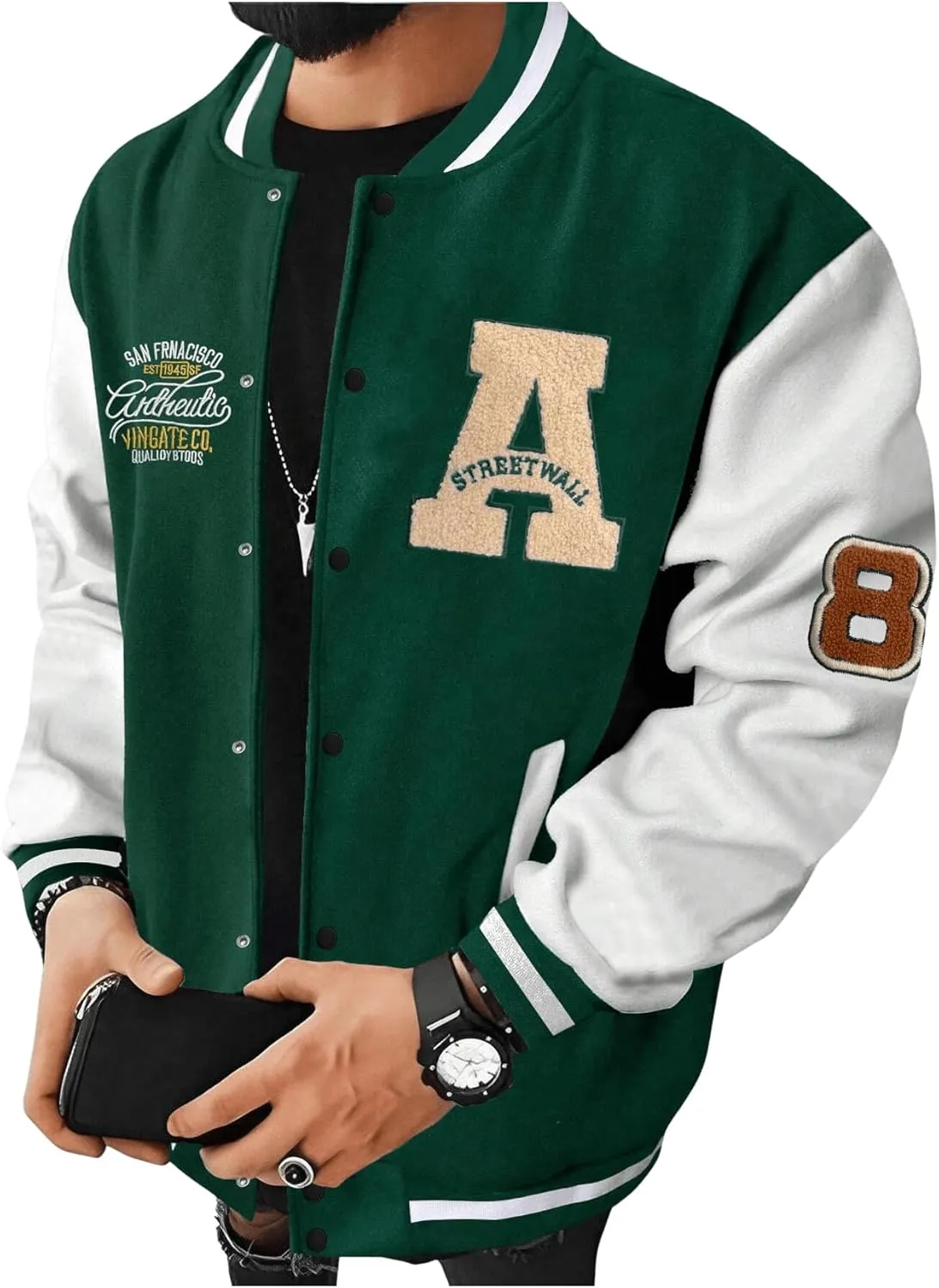 SOLY HUX Men's Color Block Letter Print Baseball Jacket Long Sleeve Casual Varsity Jacket