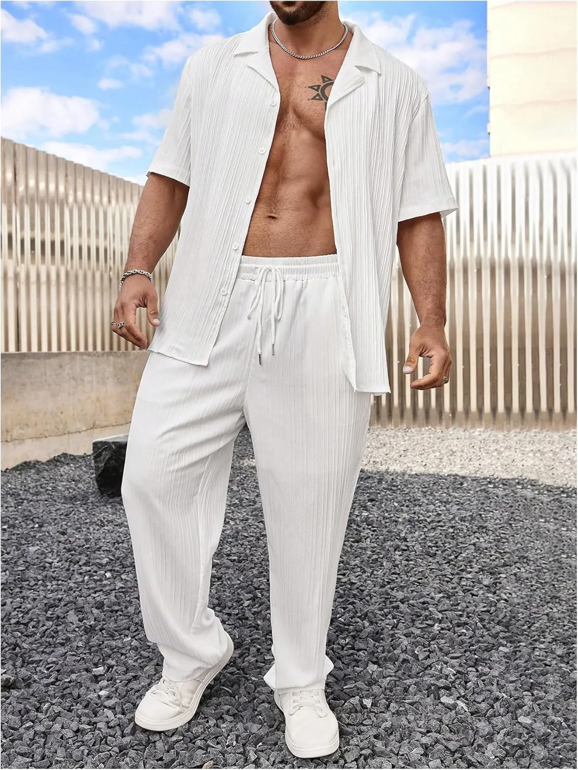 SOLY HUX Men's Plus Size 2 Piece Outfits Summer Short Sleeve Button Down Shirt and Pants Set
