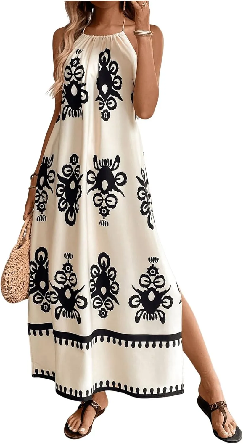 SOLY HUX Women's Backless Halter Cami Dress Boho Print Sleeveless Split Hem Long Summer Dresses