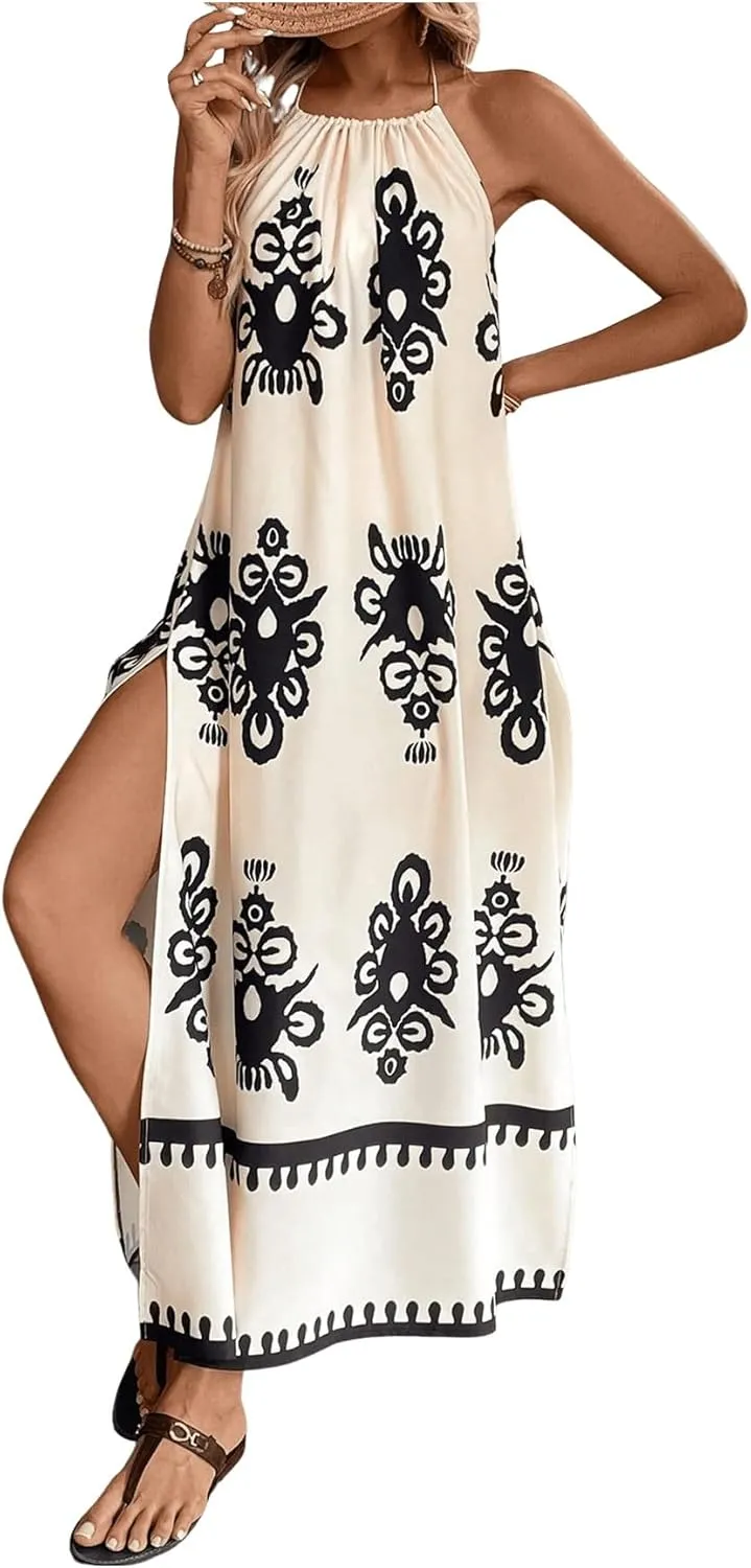 SOLY HUX Women's Backless Halter Cami Dress Boho Print Sleeveless Split Hem Long Summer Dresses