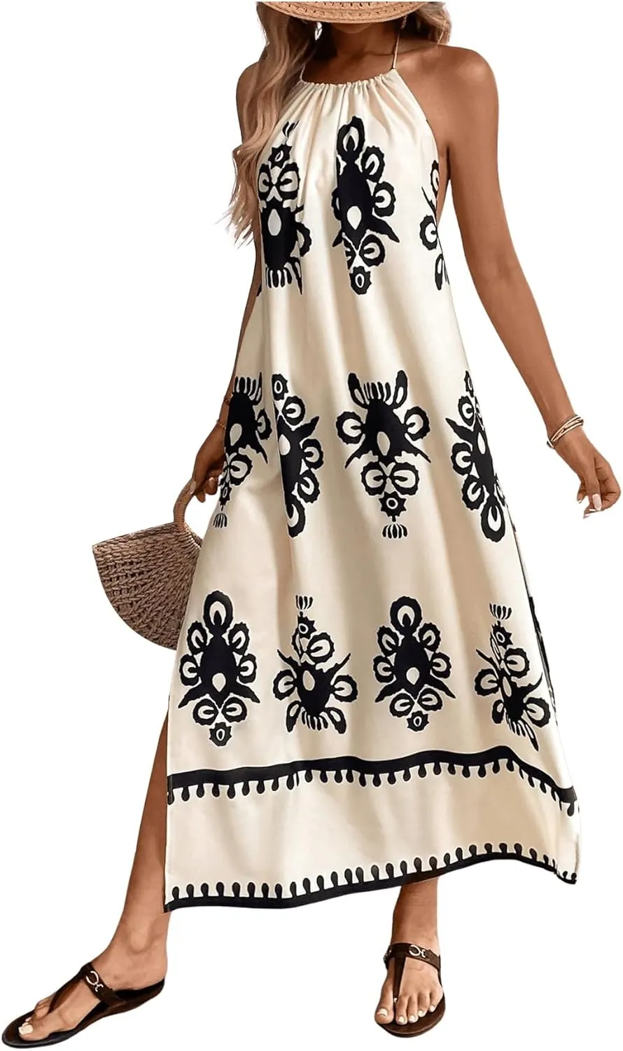 SOLY HUX Women's Backless Halter Cami Dress Boho Print Sleeveless Split Hem Long Summer Dresses