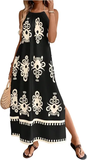 SOLY HUX Women's Backless Halter Cami Dress Boho Print Sleeveless Split Hem Long Summer Dresses