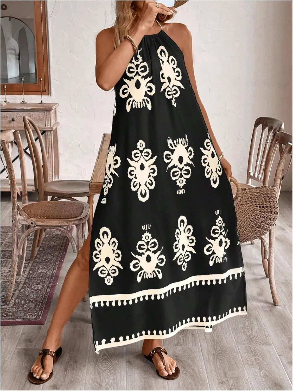 SOLY HUX Women's Backless Halter Cami Dress Boho Print Sleeveless Split Hem Long Summer Dresses