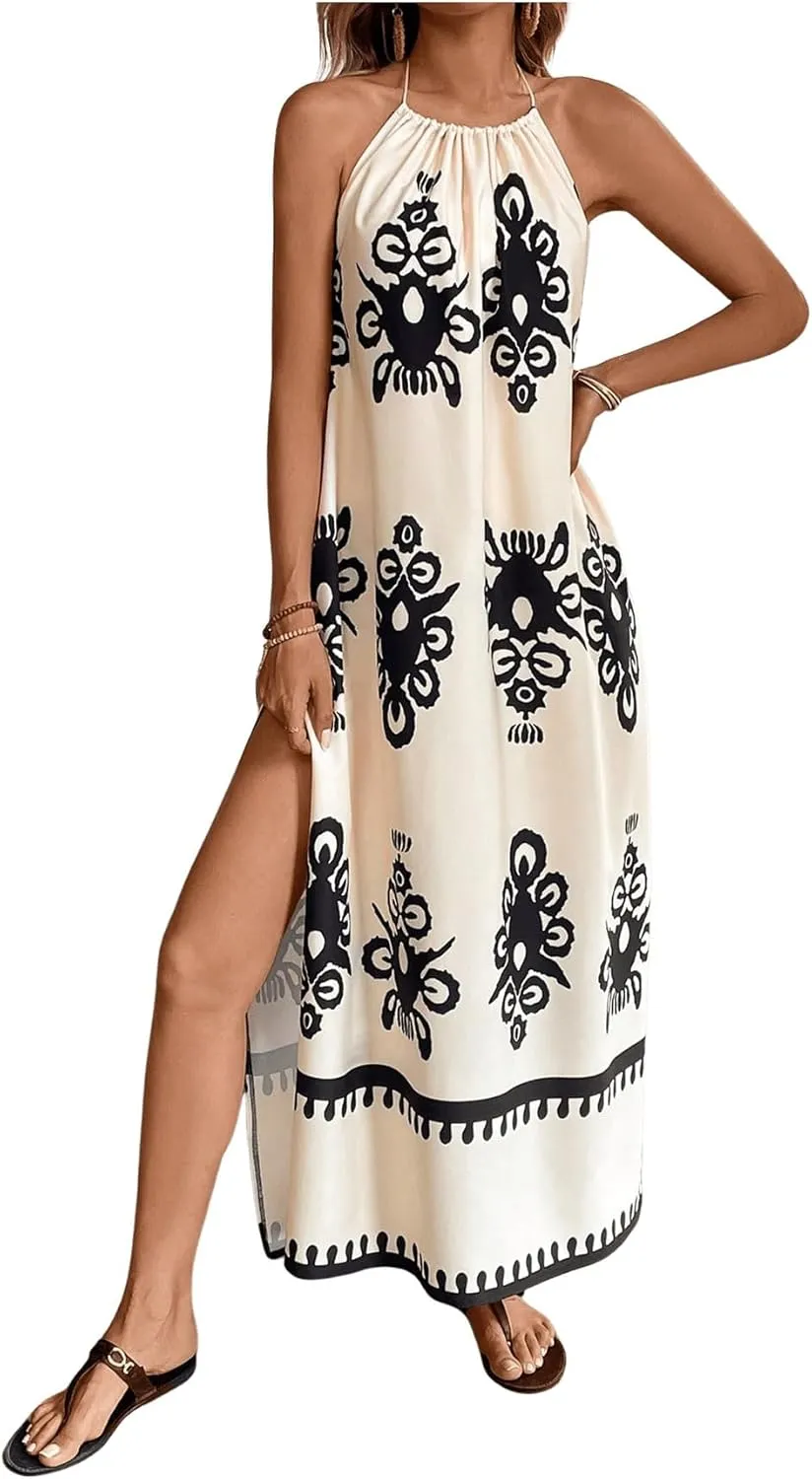 SOLY HUX Women's Backless Halter Cami Dress Boho Print Sleeveless Split Hem Long Summer Dresses