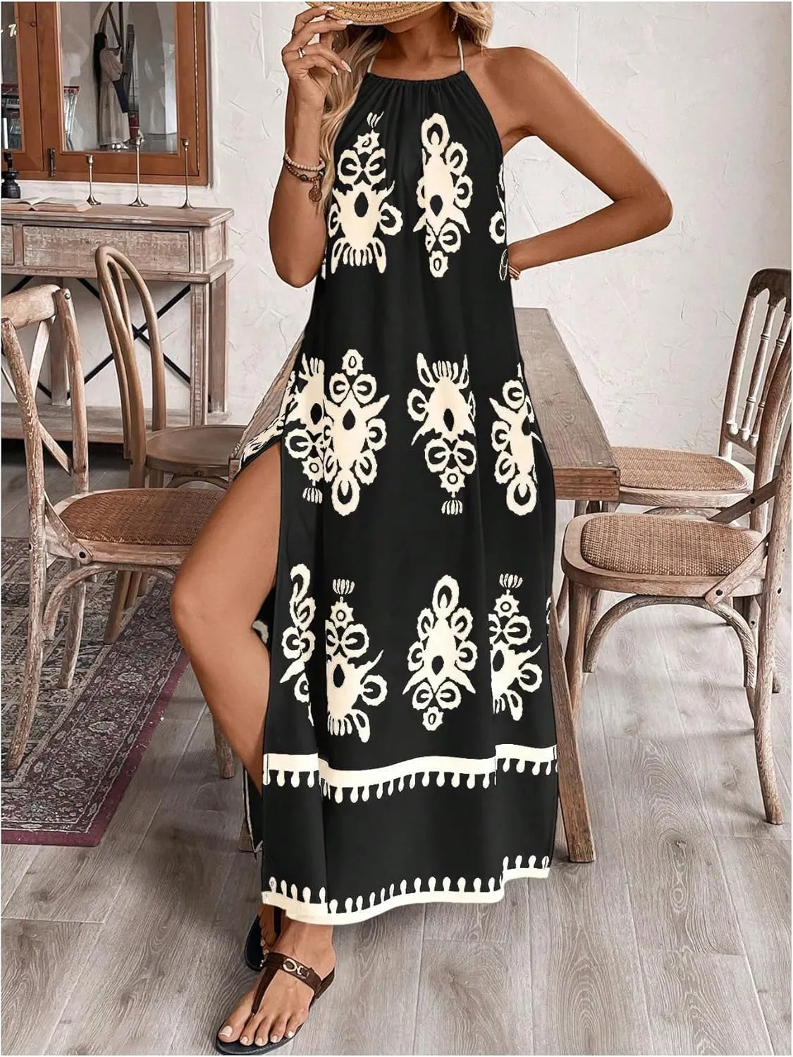 SOLY HUX Women's Backless Halter Cami Dress Boho Print Sleeveless Split Hem Long Summer Dresses