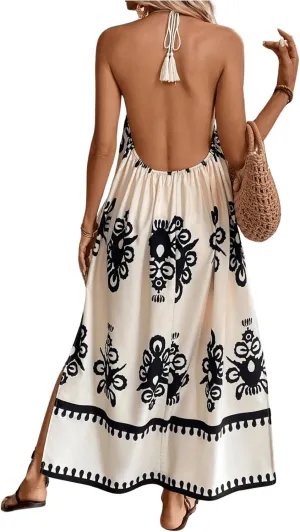 SOLY HUX Women's Backless Halter Cami Dress Boho Print Sleeveless Split Hem Long Summer Dresses