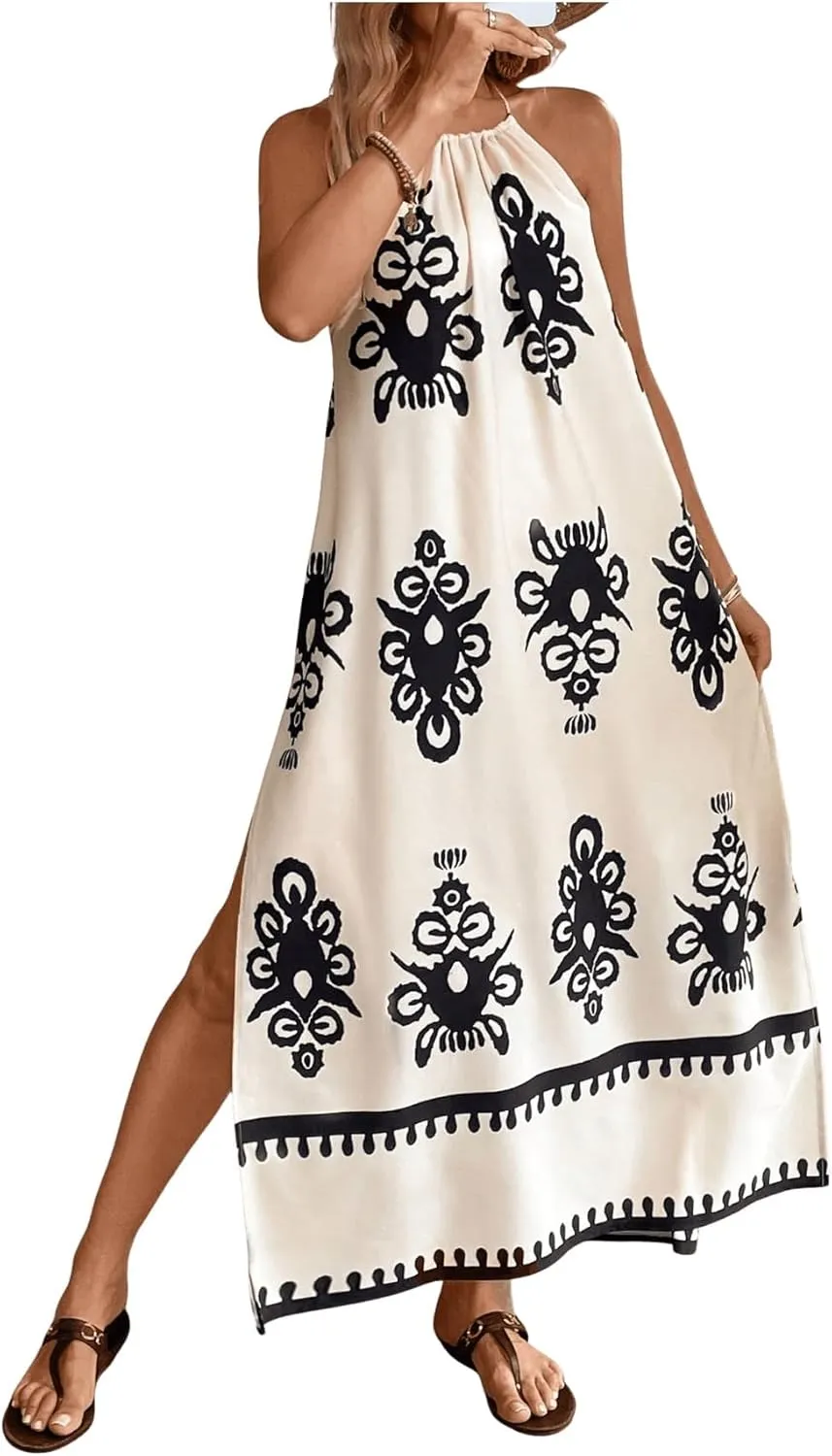 SOLY HUX Women's Backless Halter Cami Dress Boho Print Sleeveless Split Hem Long Summer Dresses