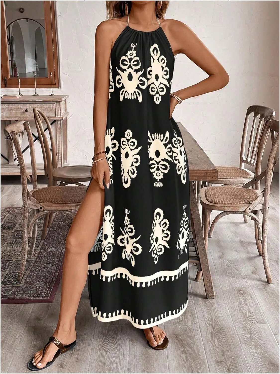 SOLY HUX Women's Backless Halter Cami Dress Boho Print Sleeveless Split Hem Long Summer Dresses