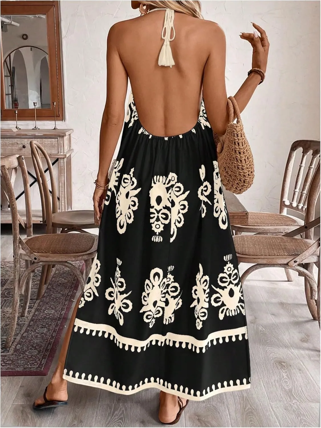 SOLY HUX Women's Backless Halter Cami Dress Boho Print Sleeveless Split Hem Long Summer Dresses