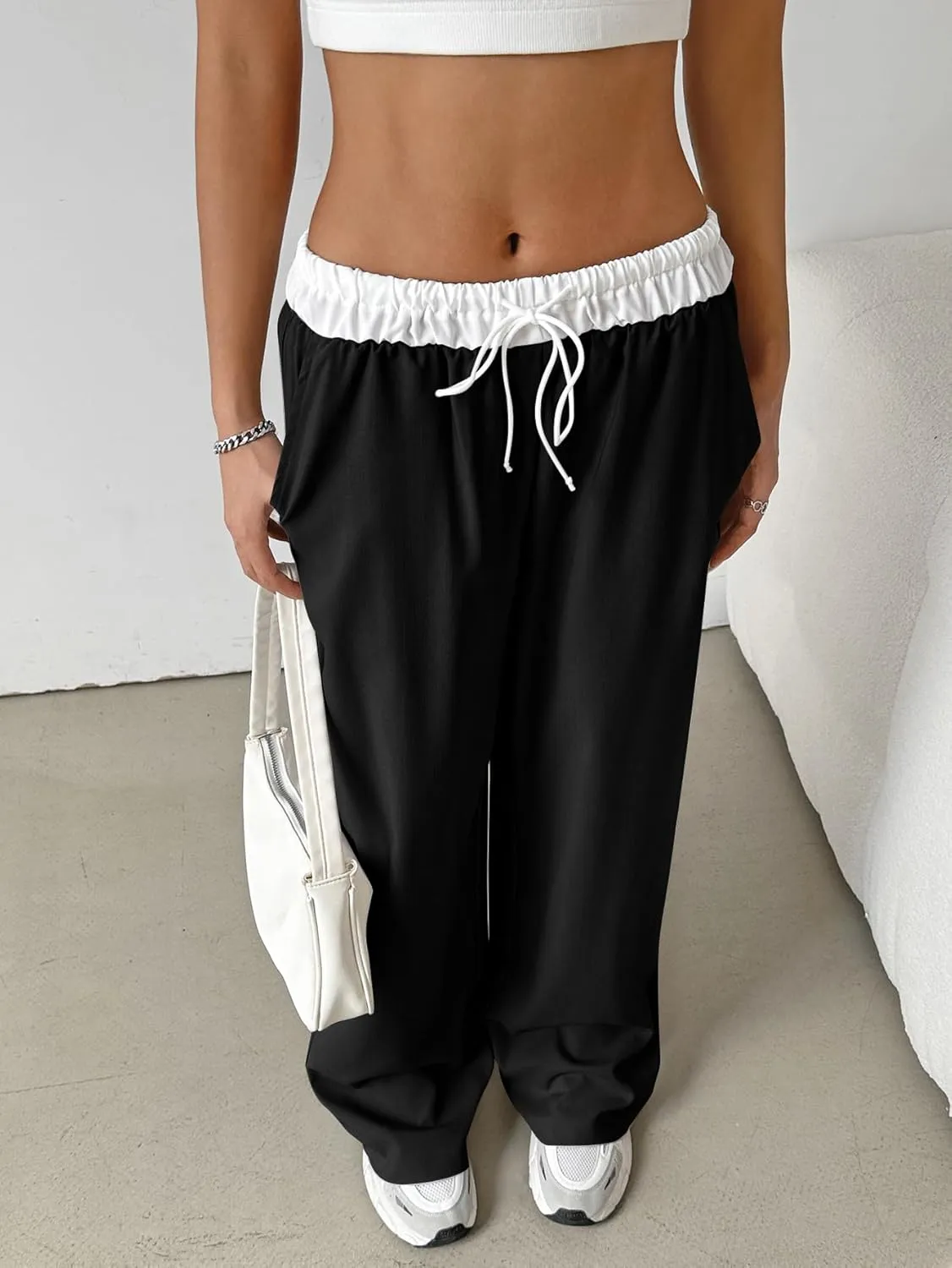 SOLY HUX Women's Drawstring Elastic Waist Wide Leg Pants Color Block Long Pants with Pockets