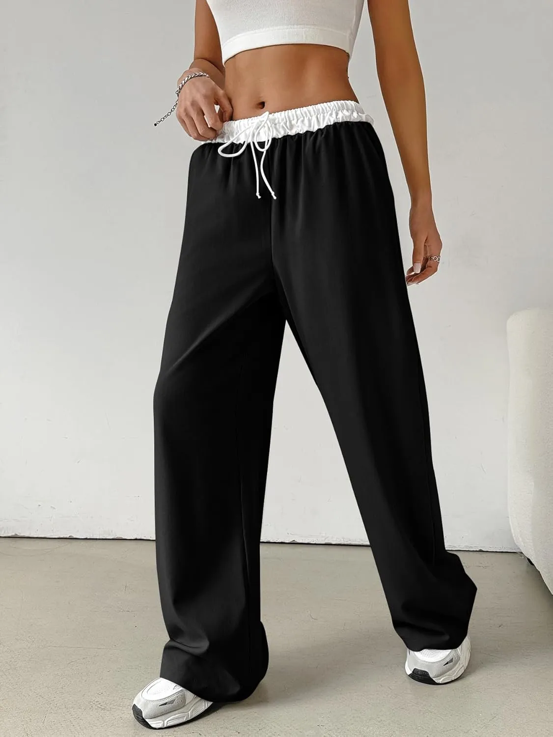 SOLY HUX Women's Drawstring Elastic Waist Wide Leg Pants Color Block Long Pants with Pockets