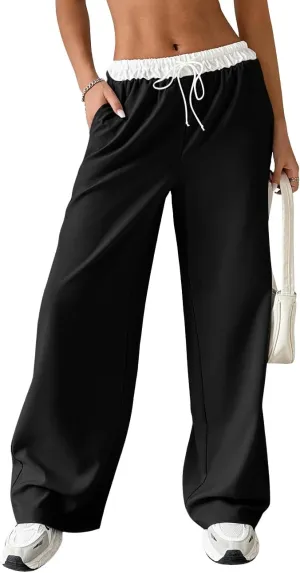 SOLY HUX Women's Drawstring Elastic Waist Wide Leg Pants Color Block Long Pants with Pockets