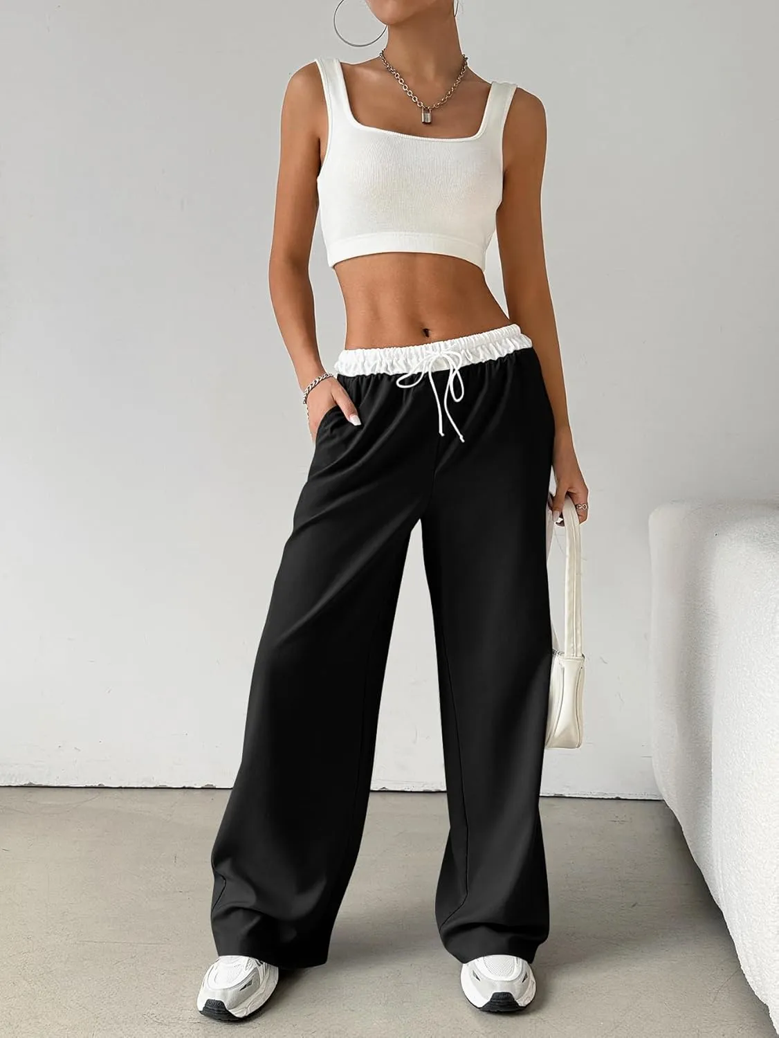 SOLY HUX Women's Drawstring Elastic Waist Wide Leg Pants Color Block Long Pants with Pockets