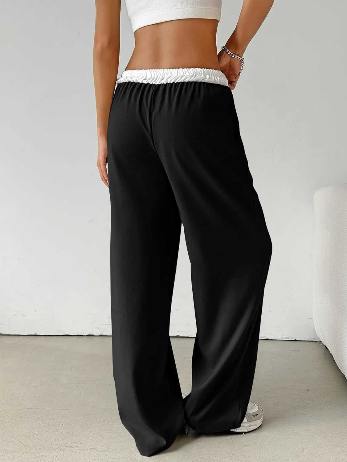 SOLY HUX Women's Drawstring Elastic Waist Wide Leg Pants Color Block Long Pants with Pockets