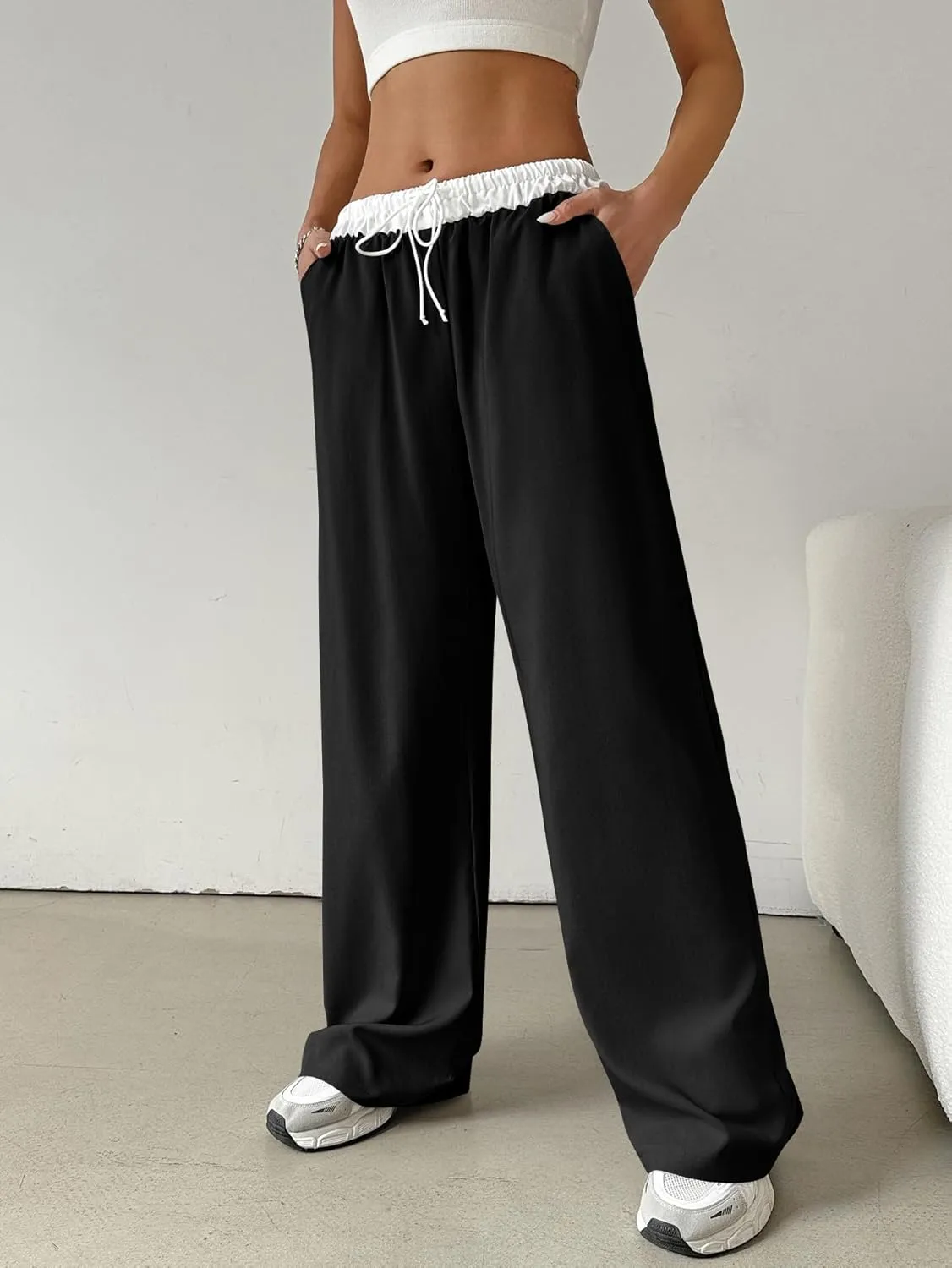 SOLY HUX Women's Drawstring Elastic Waist Wide Leg Pants Color Block Long Pants with Pockets