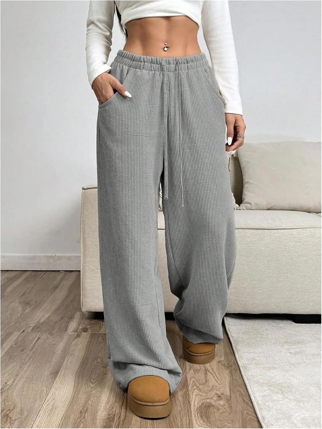SOLY HUX Women's Drawstring Wide Leg Pants Corduroy Baggy Sweatpants with Pockets