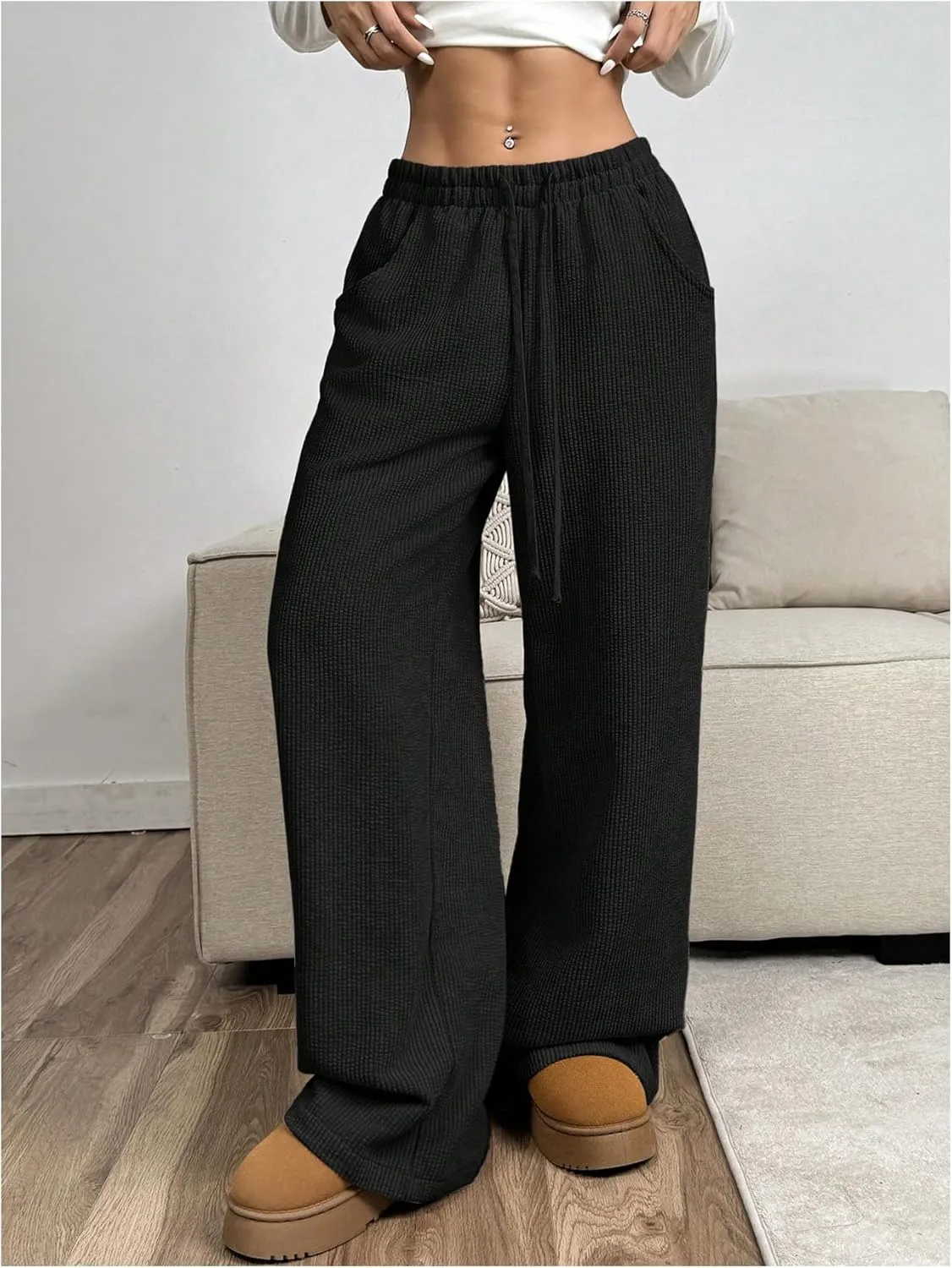 SOLY HUX Women's Drawstring Wide Leg Pants Corduroy Baggy Sweatpants with Pockets