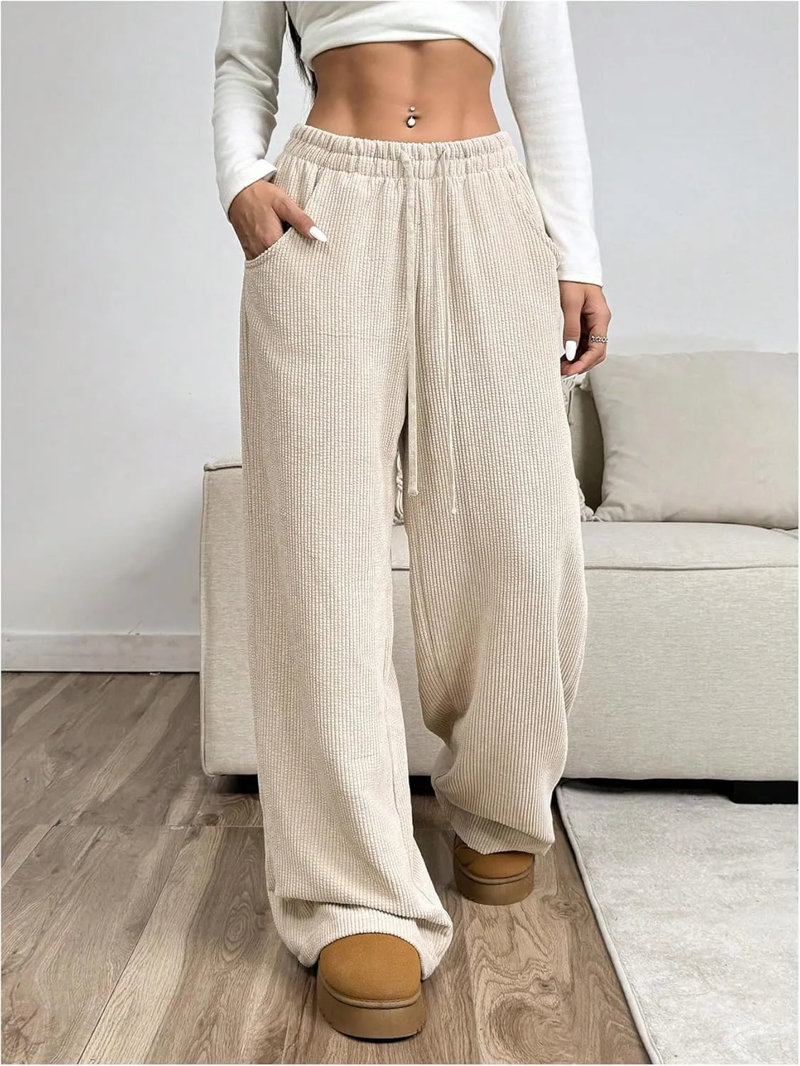 SOLY HUX Women's Drawstring Wide Leg Pants Corduroy Baggy Sweatpants with Pockets