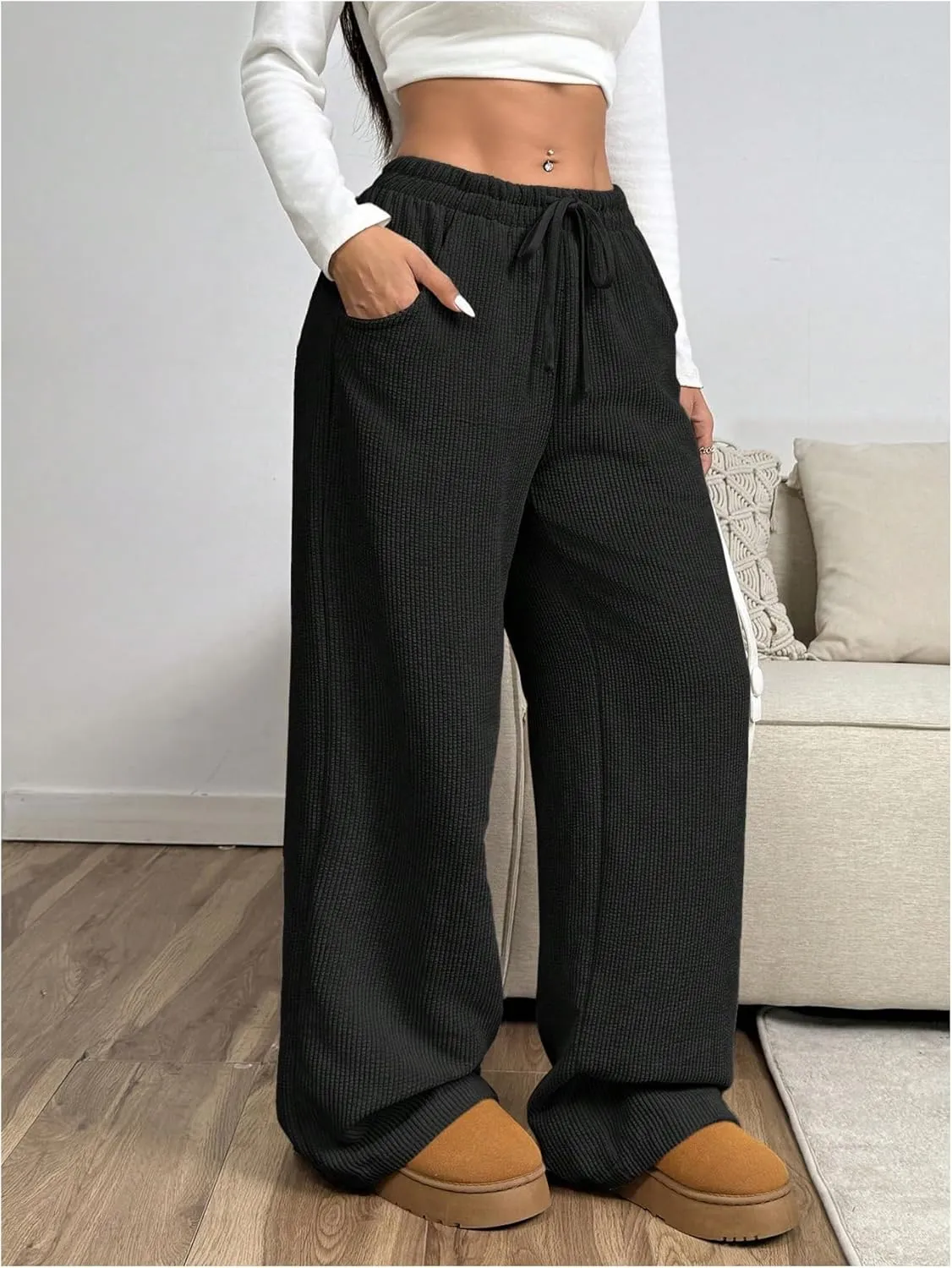 SOLY HUX Women's Drawstring Wide Leg Pants Corduroy Baggy Sweatpants with Pockets
