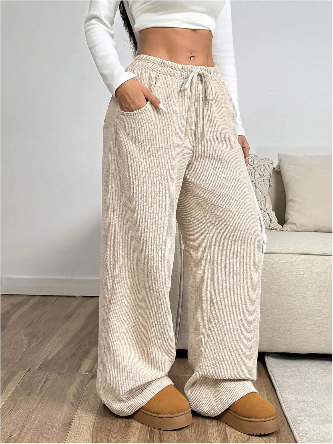SOLY HUX Women's Drawstring Wide Leg Pants Corduroy Baggy Sweatpants with Pockets