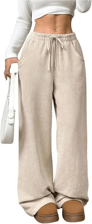 SOLY HUX Women's Drawstring Wide Leg Pants Corduroy Baggy Sweatpants with Pockets