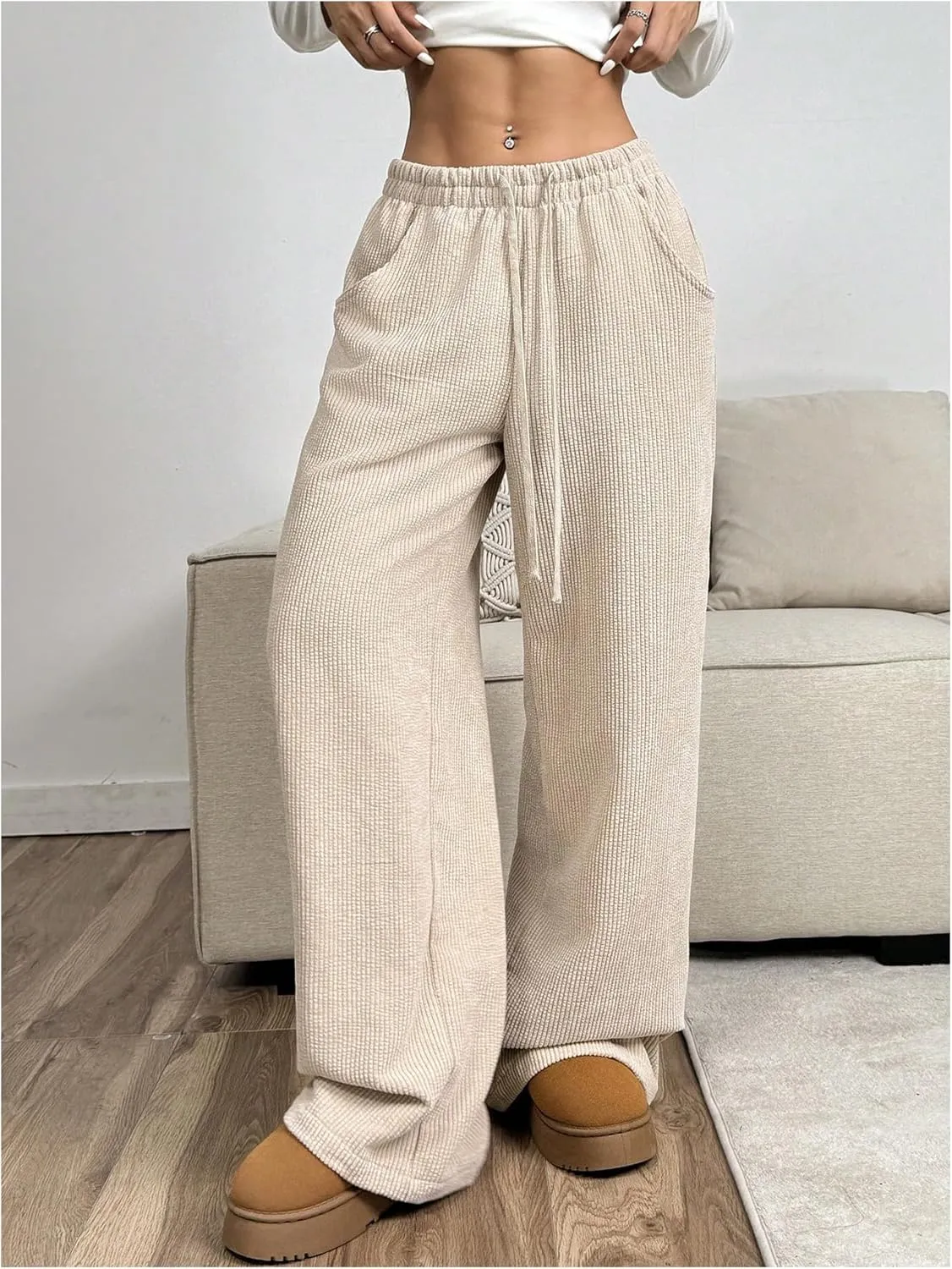 SOLY HUX Women's Drawstring Wide Leg Pants Corduroy Baggy Sweatpants with Pockets